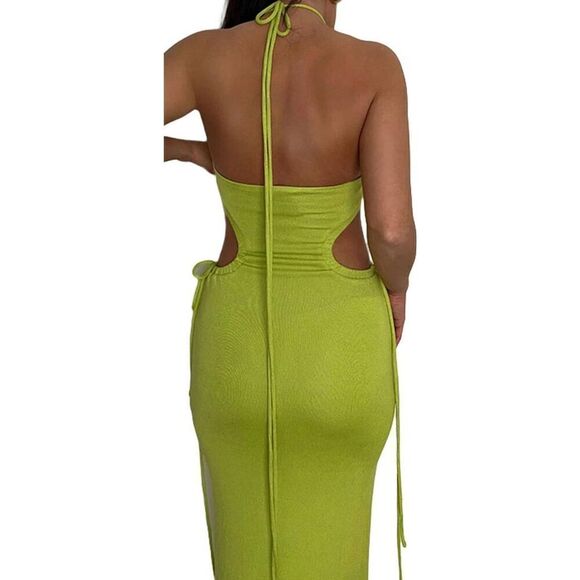 Belle MEDIUM Green Women's Sexy Halter Neck Hollow Out Maxi Dress Y2K Cutout Wai - Picture 5 of 10